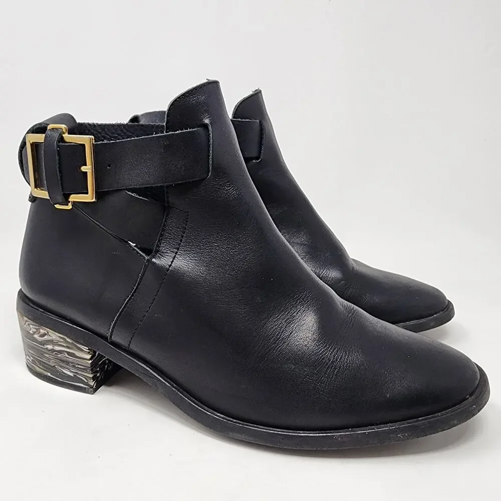Miista Ankle Bootie Women 10 Clarissa Marbled Acrylic Heel Black Leather Buckle